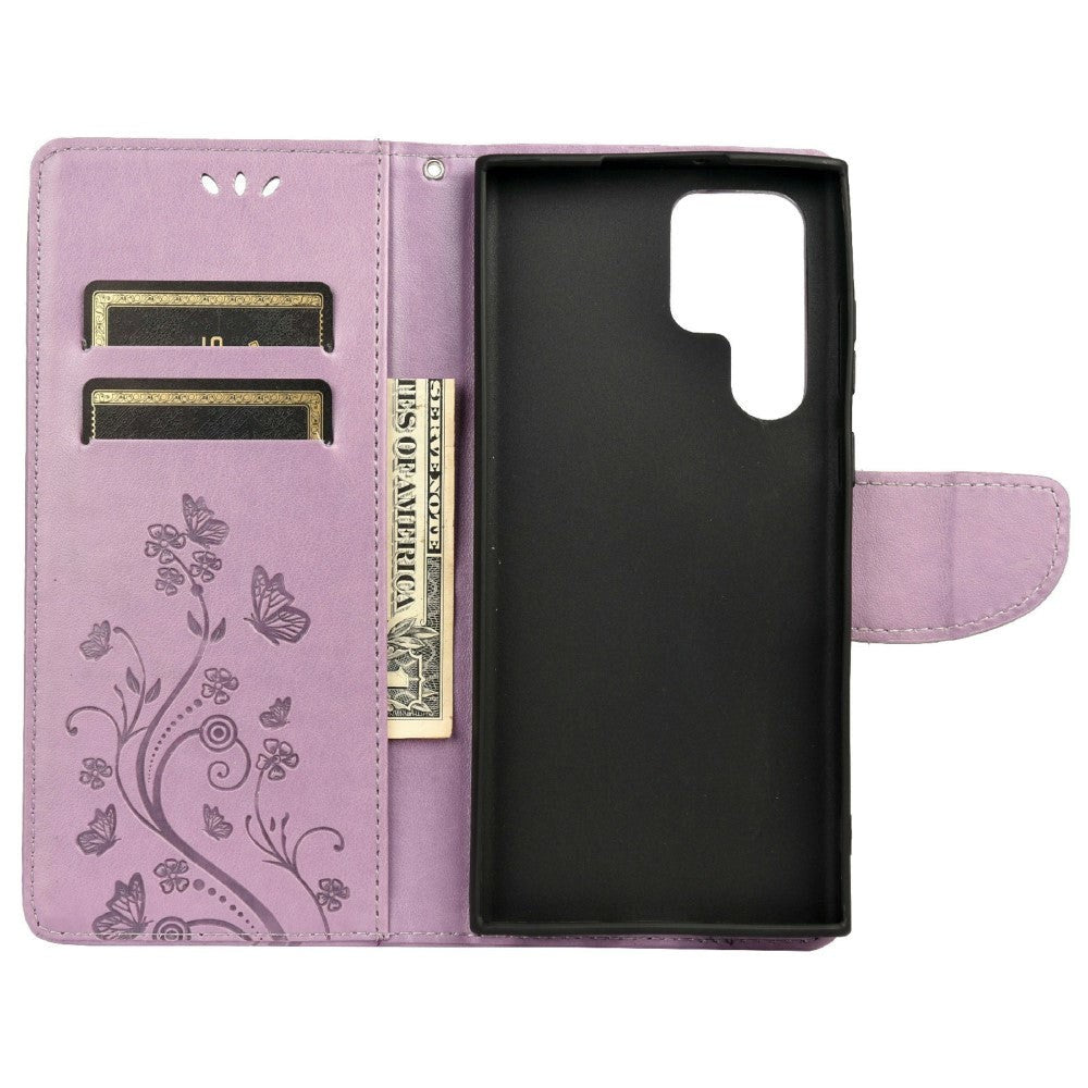 Samsung Galaxy S22 Ultra Læder Cover m. Pung Sommerfugle & Blomster - Lilla