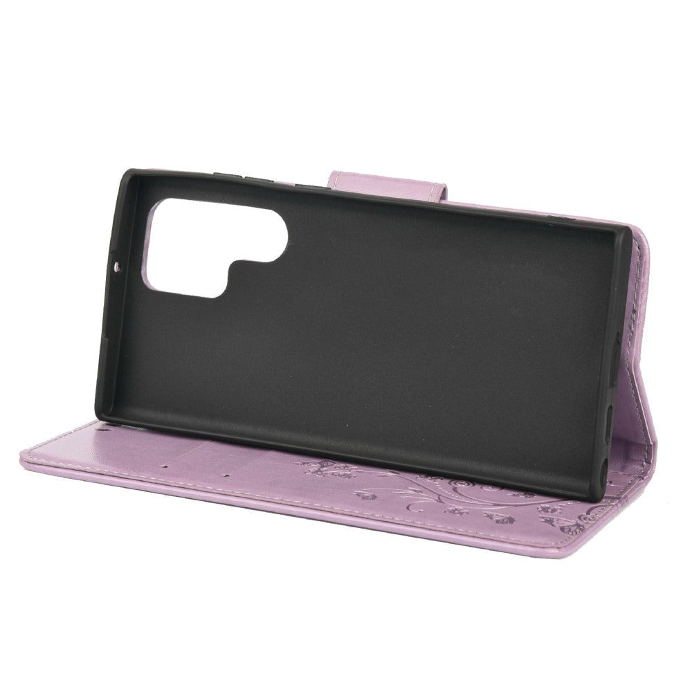 Samsung Galaxy S22 Ultra Læder Cover m. Pung Sommerfugle & Blomster - Lilla