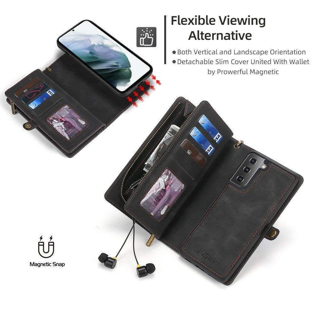 Samsung Galaxy S21 FE (5G) MEGSHI 2-i-1 Magnetisk Læder Flip Cover m. Stor Pung - Sort