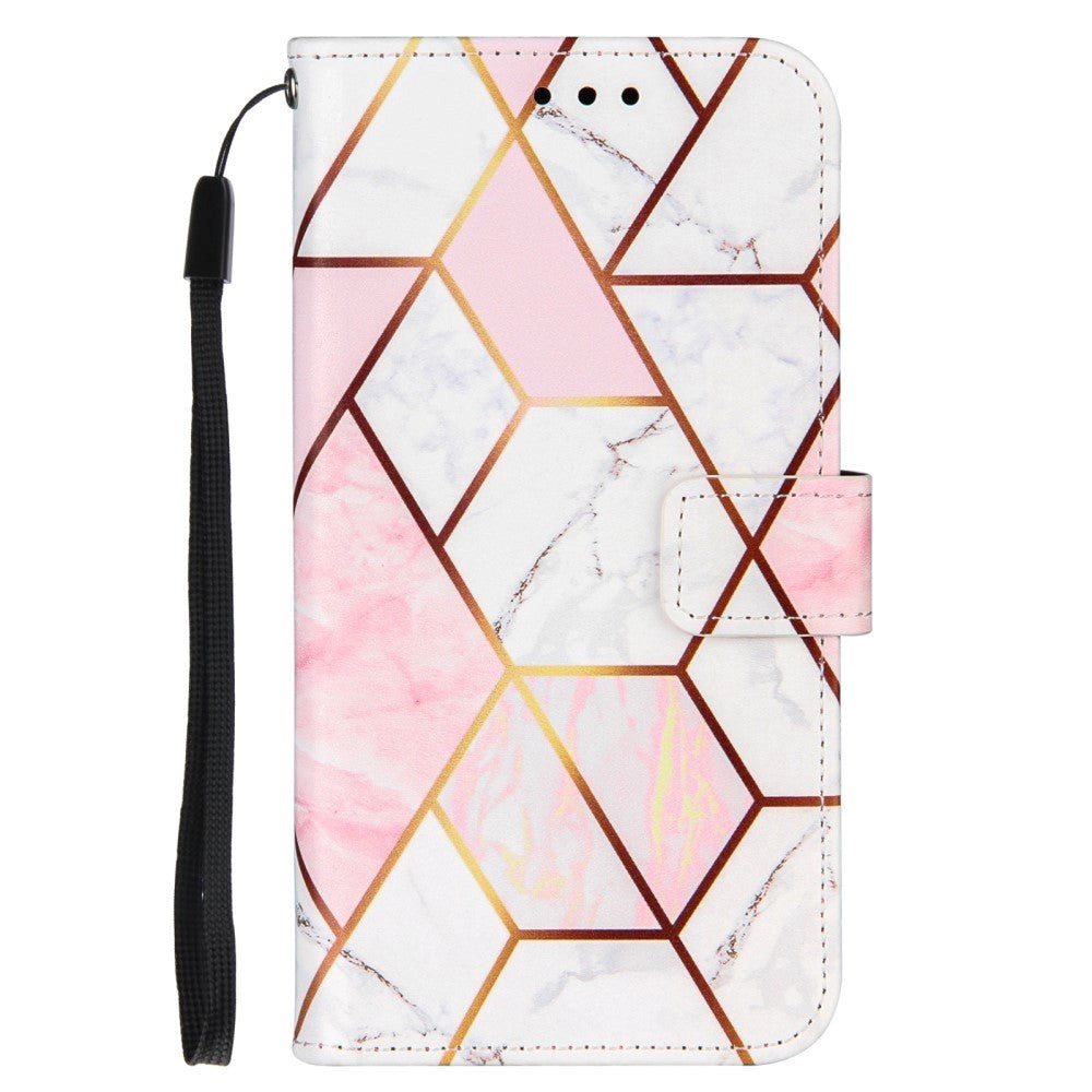 Samsung Galaxy S22 Blødt Læder Cover m. Pung - Marmor - Lyserød / Hvid