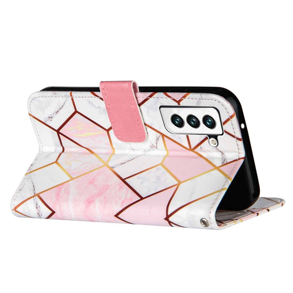 Samsung Galaxy S22 Blødt Læder Cover m. Pung - Marmor - Lyserød / Hvid