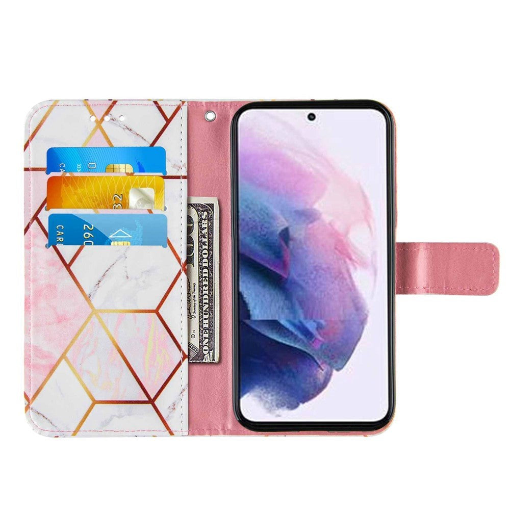 Samsung Galaxy S22 Blødt Læder Cover m. Pung - Marmor - Lyserød / Hvid
