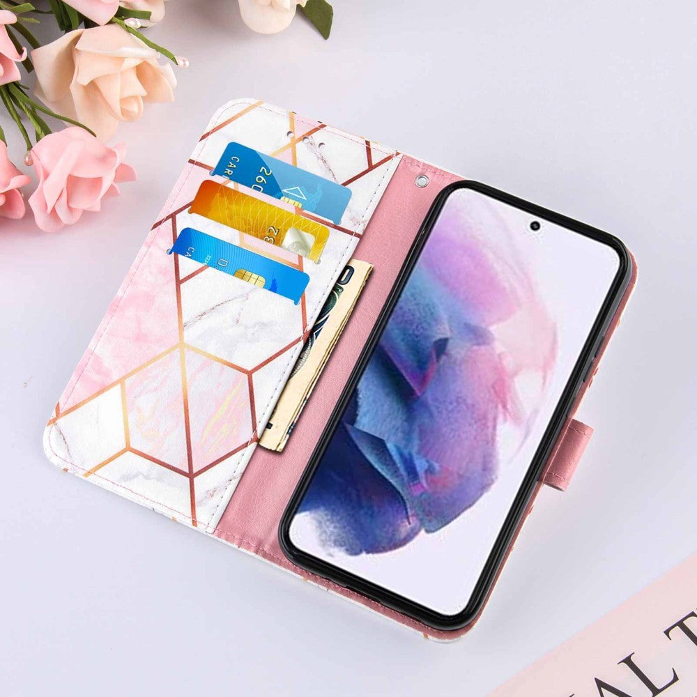 Samsung Galaxy S22 Blødt Læder Cover m. Pung - Marmor - Lyserød / Hvid
