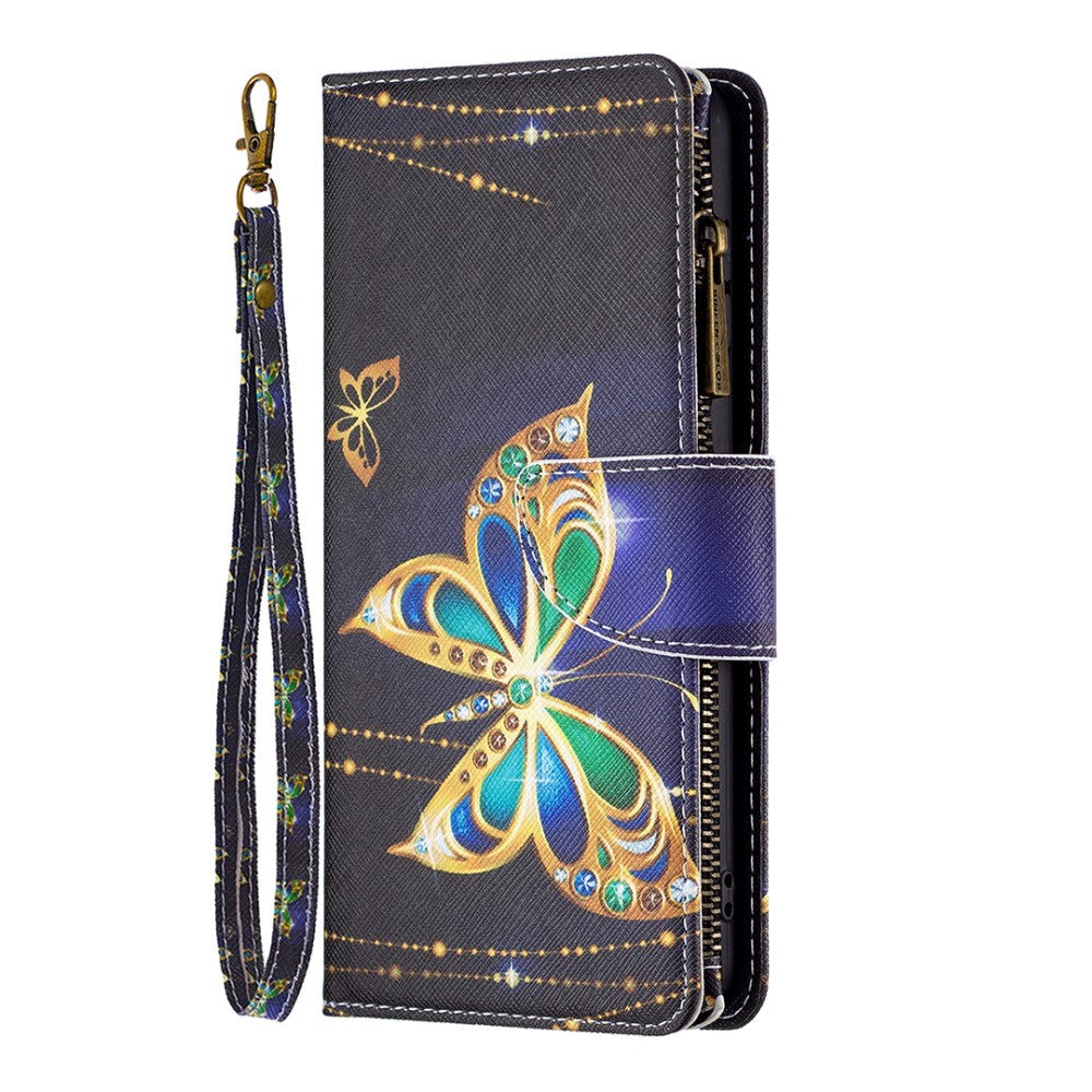 Samsung Galaxy A73 (5G) Læder Cover m. Stor Pung - Guld Sommerfugl