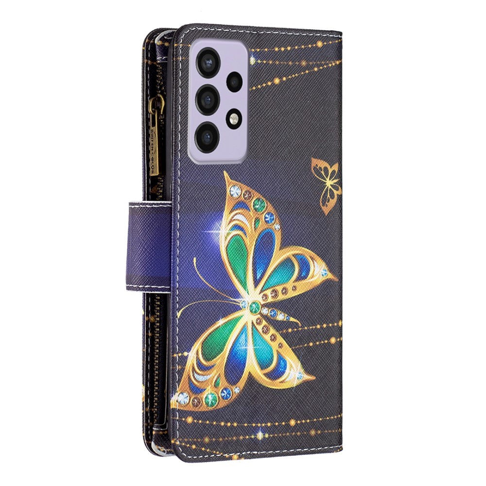 Samsung Galaxy A73 (5G) Læder Cover m. Stor Pung - Guld Sommerfugl