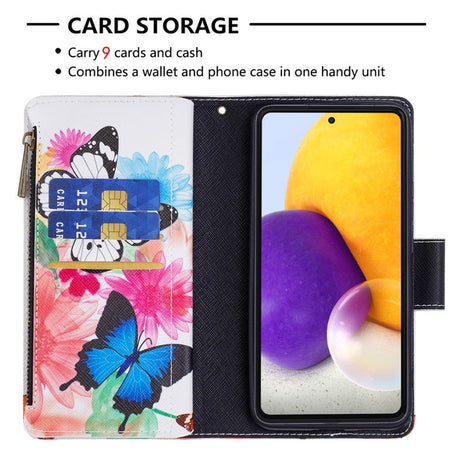 Samsung Galaxy A73 (5G) Læder Cover m. Stor Pung - Hvid & Blå Sommerfugl