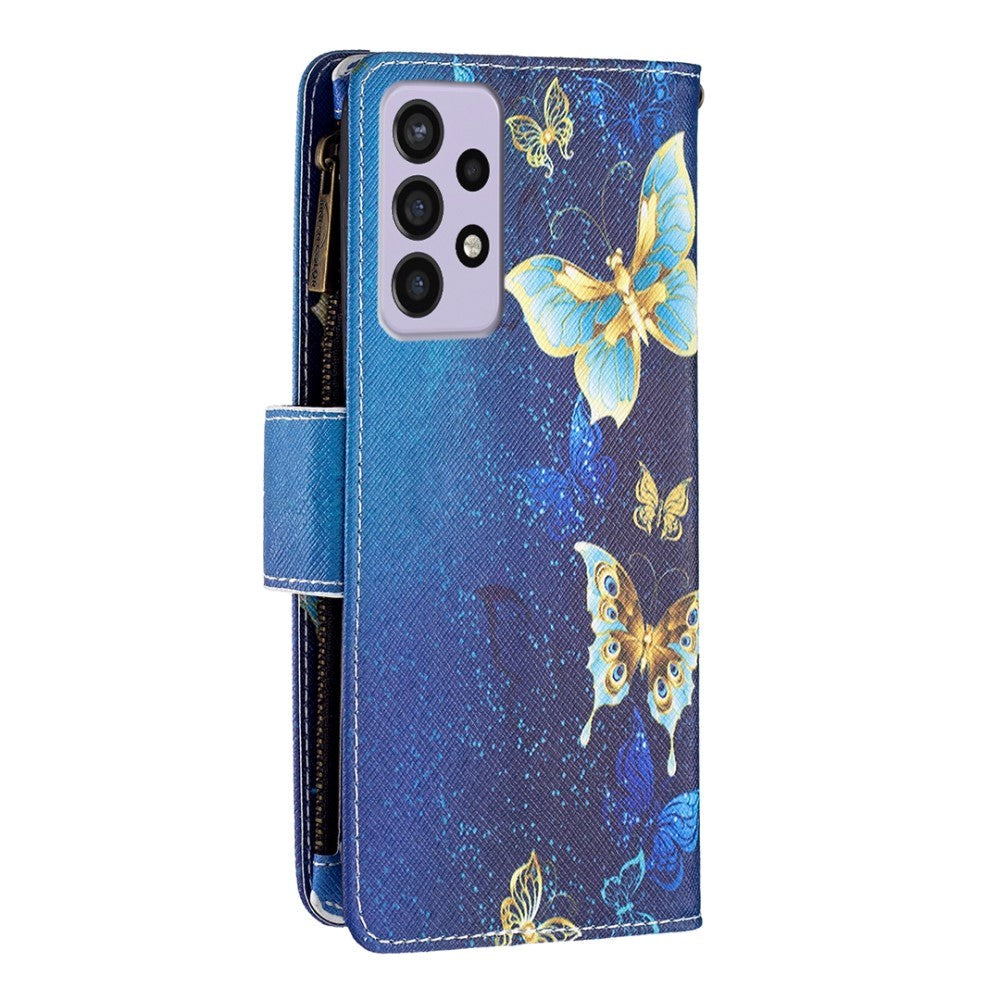 Samsung Galaxy A73 (5G) Læder Cover m. Stor Pung - Blå Sommerfugle
