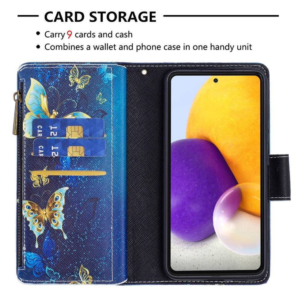 Samsung Galaxy A73 (5G) Læder Cover m. Stor Pung - Blå Sommerfugle