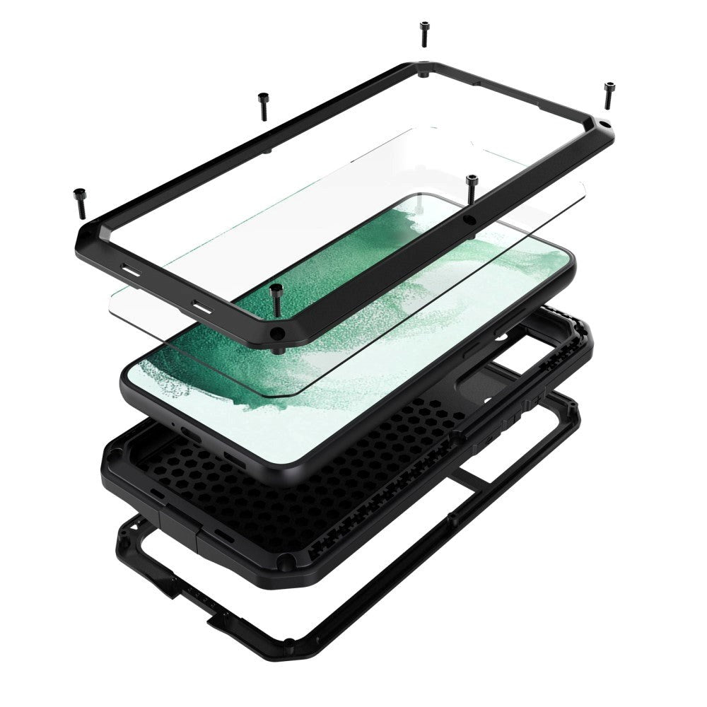 Samsung Galaxy S21 FE (5G) Metal Silikone Hybrid Håndværker Cover m. Skærmbeskyttelse - Sort