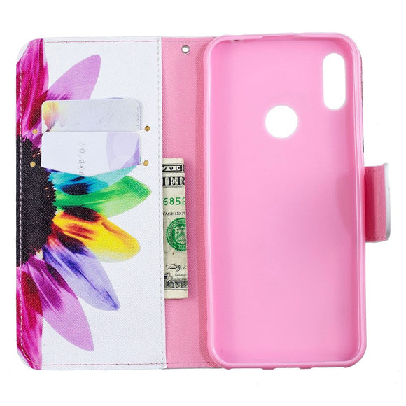 Huawei Y6 / Y6s (2019) Læder Flip Cover m. Pung - Regnbue Solsikke