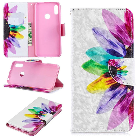 Huawei Y6 / Y6s (2019) Læder Flip Cover m. Pung - Regnbue Solsikke