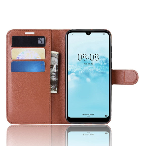 Huawei Y5 (2019) Litchi Læder Flip Cover m. Pung - Brun