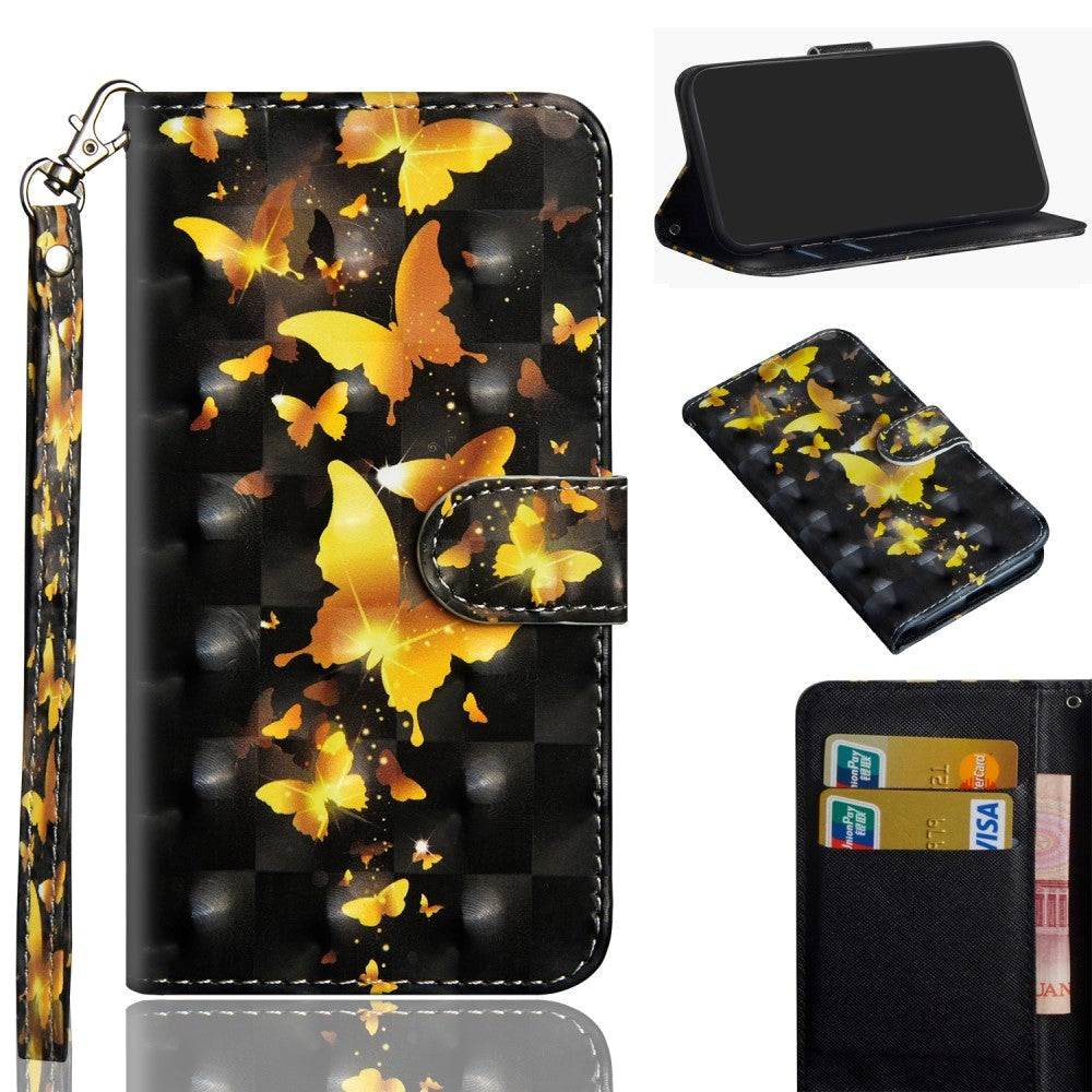 Huawei P40 Lite E Light Spot Læder Cover m. Pung & Strop - Guld Sommerfugle