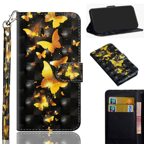 Huawei P40 Lite E Light Spot Læder Cover m. Pung & Strop - Guld Sommerfugle