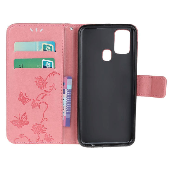 Huawei P Smart (2020) Læder Cover m. Pung - Blomster og Sommerfugle Lyserød