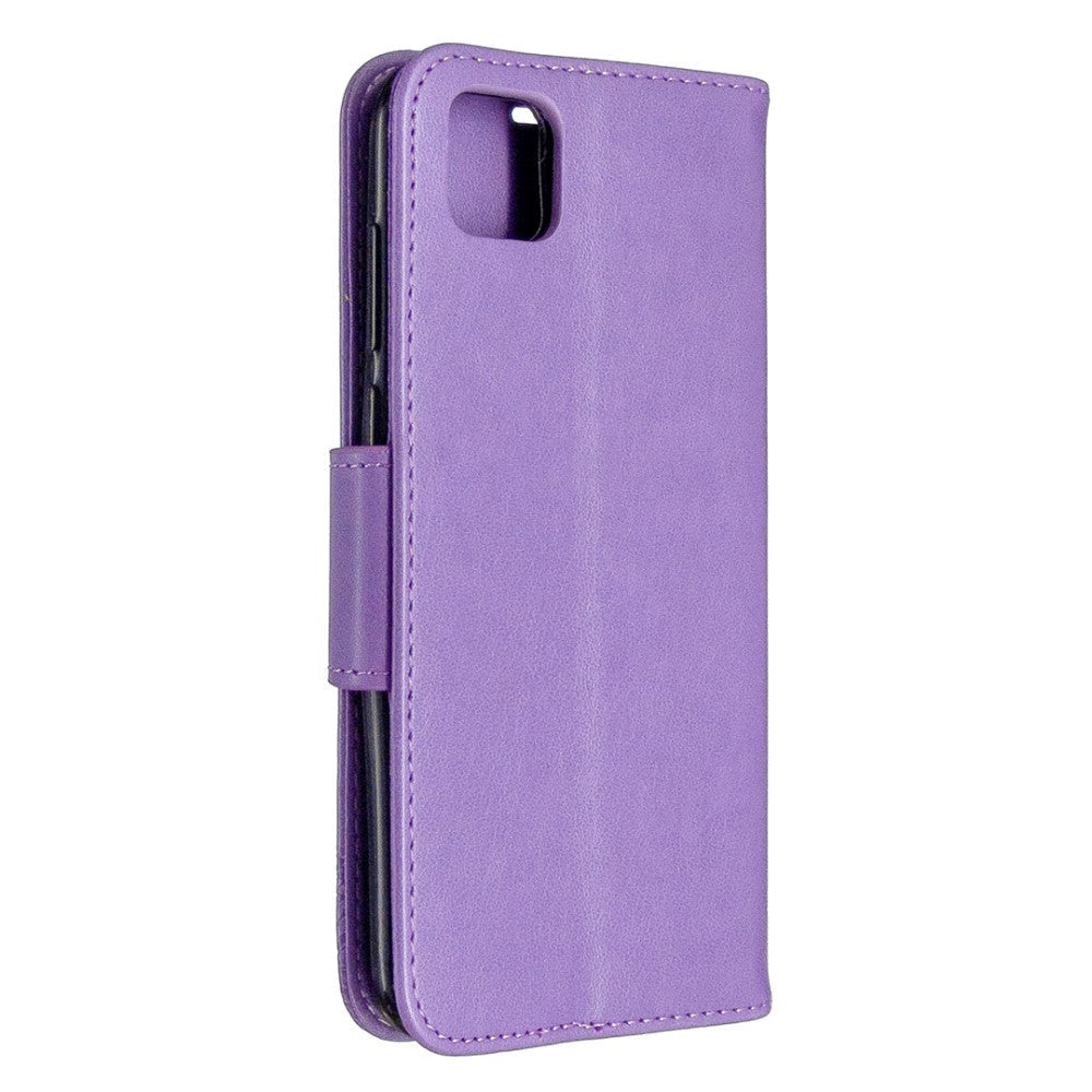 Huawei Y5p Læder Cover m. Pung - Lilla Sommerfugl