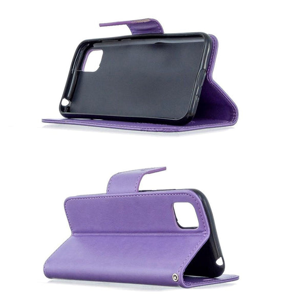 Huawei Y5p Læder Cover m. Pung - Lilla Sommerfugl