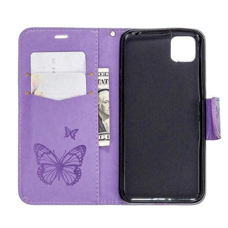 Huawei Y5p Læder Cover m. Pung - Lilla Sommerfugl