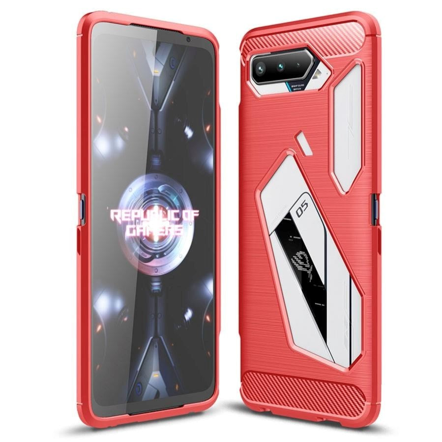 Asus ROG Phone 5 Brushed Carbon Fiber TPU Plast Cover - Rød