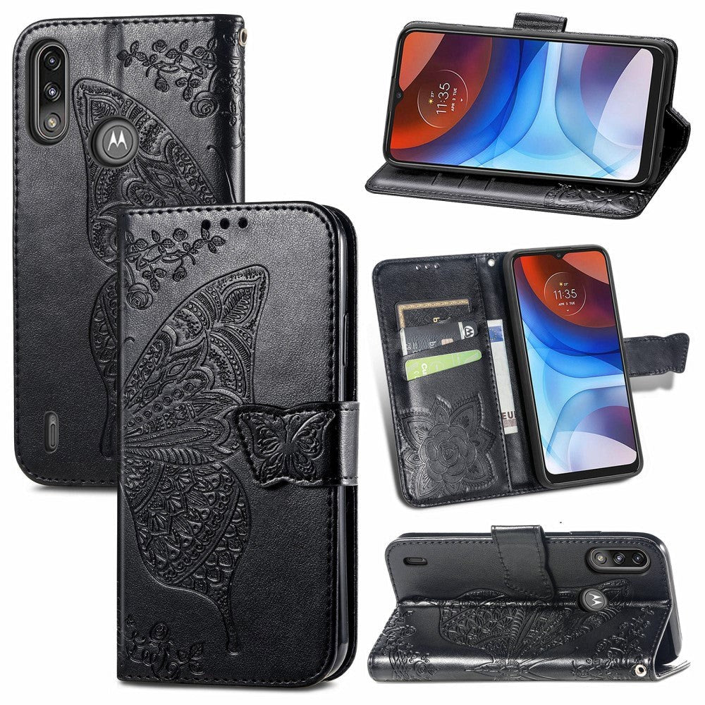 Motorola Moto E7 Power / E7i Power Læder Cover m. Pung - Sommerfugl - Sort