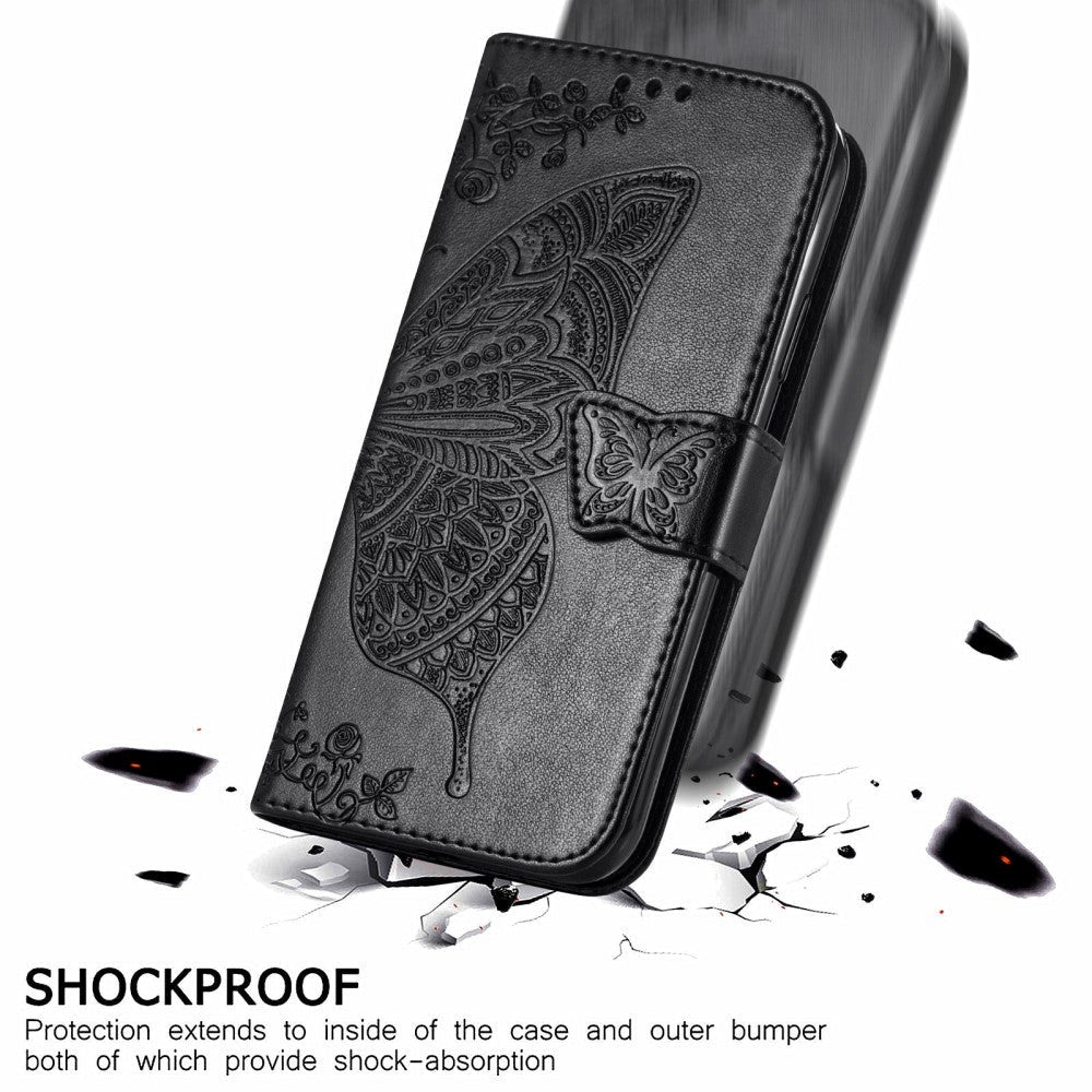 Motorola Moto E7 Power / E7i Power Læder Cover m. Pung - Sommerfugl - Sort