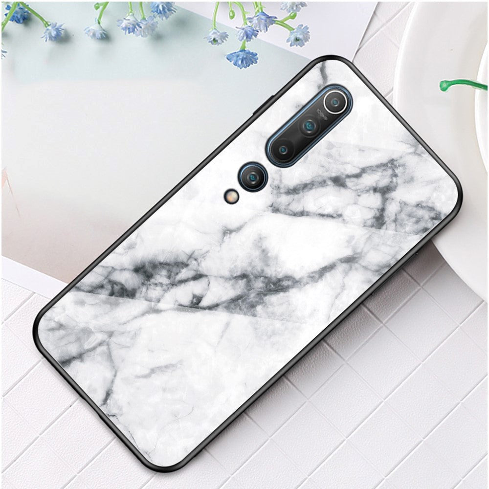 Xiaomi Mi 10 5G / Mi 10 Pro 5G Cover m. Glasbagside - Hvid Marmor