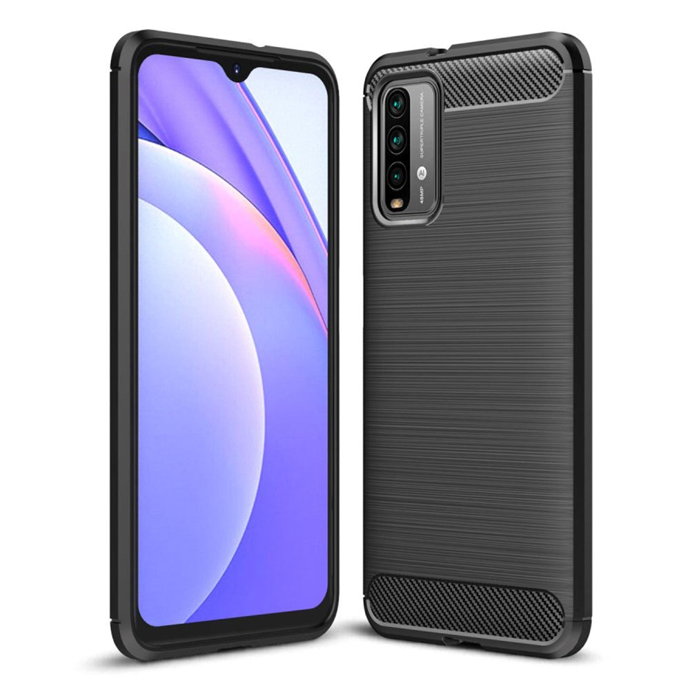 Xiaomi Poco M3 Brushed Carbon Fiber Fleksibelt Plastik Cover - Sort