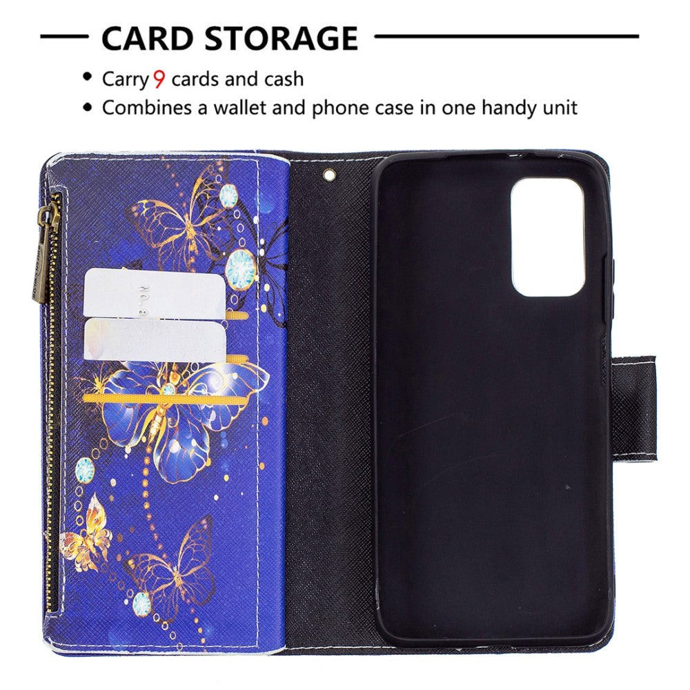 Xiaomi Poco M3 Læder Cover m. Stor Pung - Lilla sommerfugl