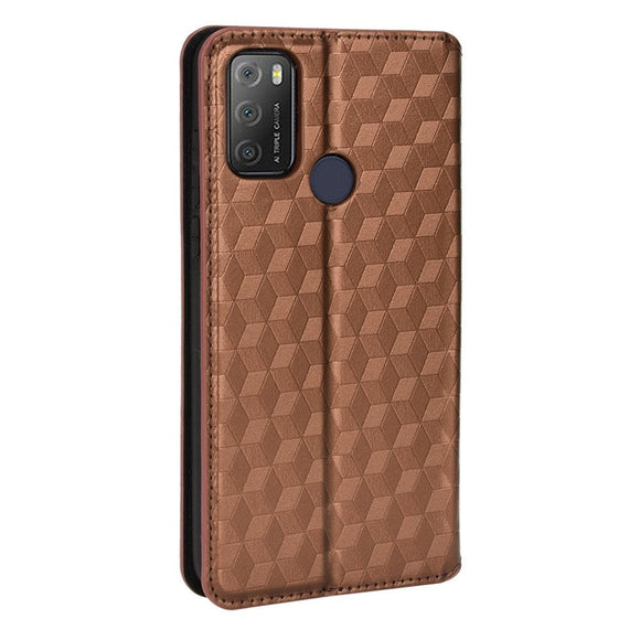 Alcatel 1S (2021) / 3L (2021) Læder Flip Cover m. Pung - Rhombus - Brun