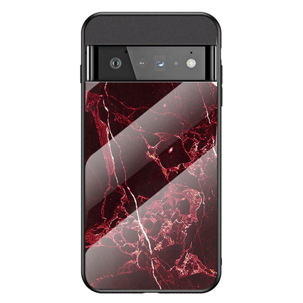 Google Pixel 6 Pro Plastik Cover m. Glasbagside - Sort & Rød Marmor