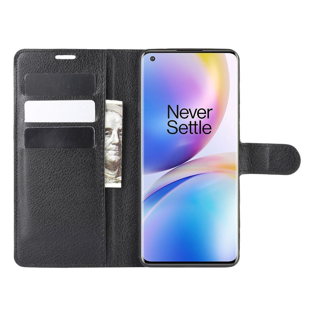 OnePlus 8 Pro Litchi Læder Cover m. Pung - Sort
