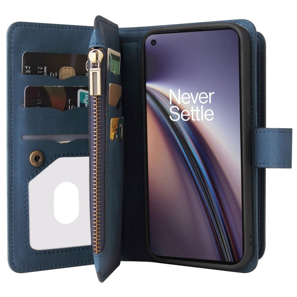 OnePlus Nord CE (5G) Læder Flip Cover m. Strop, Pung & 15 Kortholdere - Blå