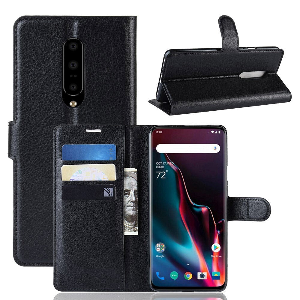OnePlus 7 Pro Litchi Texture Læder Cover m. Pung Sort