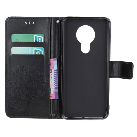 Nokia 5.3 Læder Flip Cover m. Pung - Ugler i Træ Sort