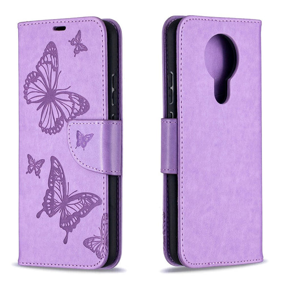 Nokia 3.4 Læder Cover m. Pung - Sommerfugl Motiv - Lilla