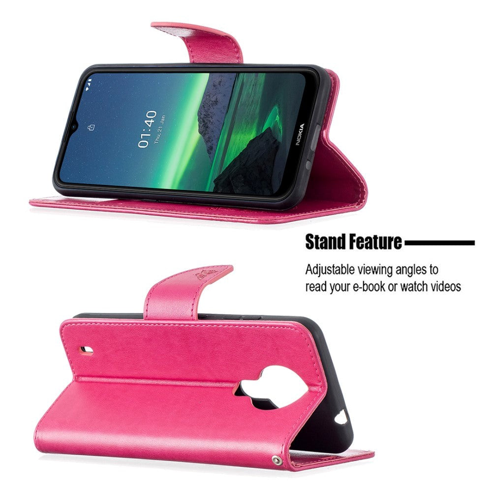 Nokia 1.4 Læder Flip Cover m. Pung & Strop Sommerfugl - Lyserød