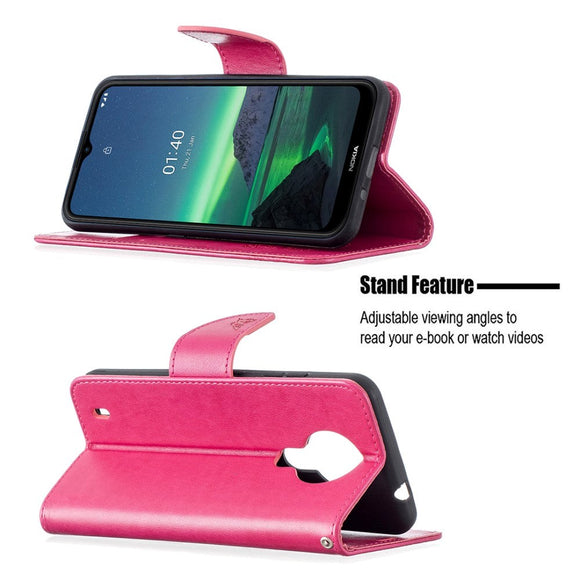 Nokia 1.4 Læder Flip Cover m. Pung & Strop Sommerfugl - Lyserød