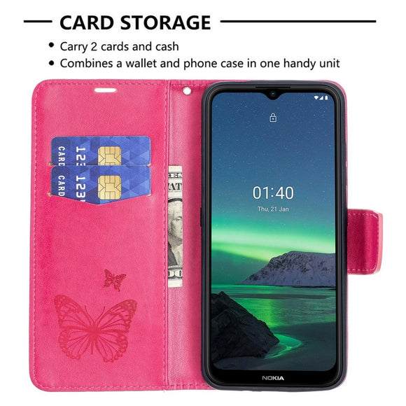 Nokia 1.4 Læder Flip Cover m. Pung & Strop Sommerfugl - Lyserød