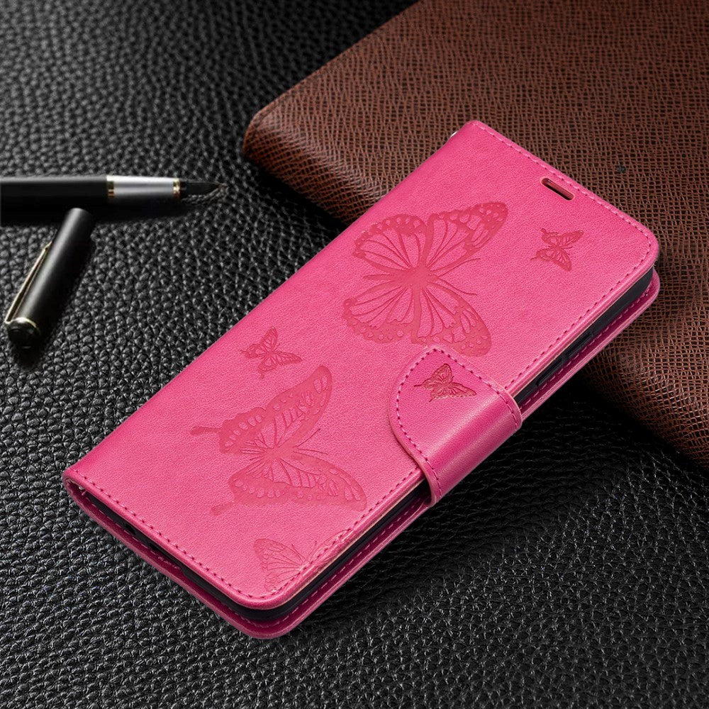 Nokia 1.4 Læder Flip Cover m. Pung & Strop Sommerfugl - Lyserød