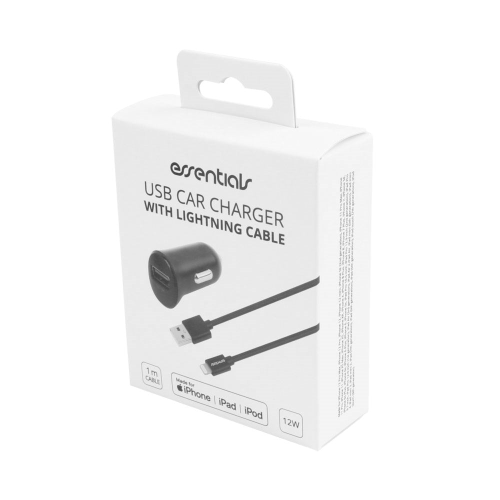 Essentials 12W Biloplader m. USB-A til Lightning Kabel - 1m - Sort