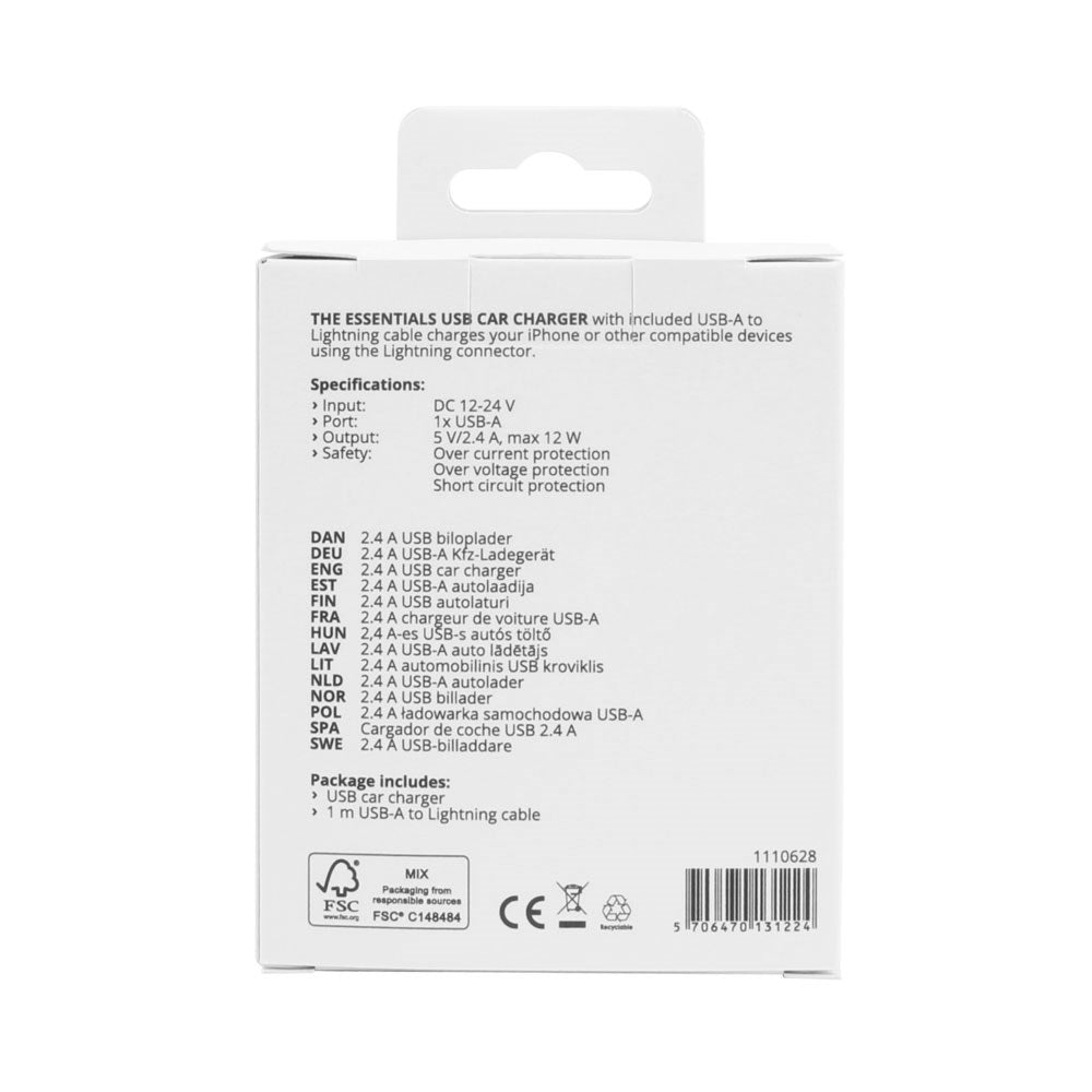 Essentials 12W Biloplader m. USB-A til Lightning Kabel - 1m - Sort