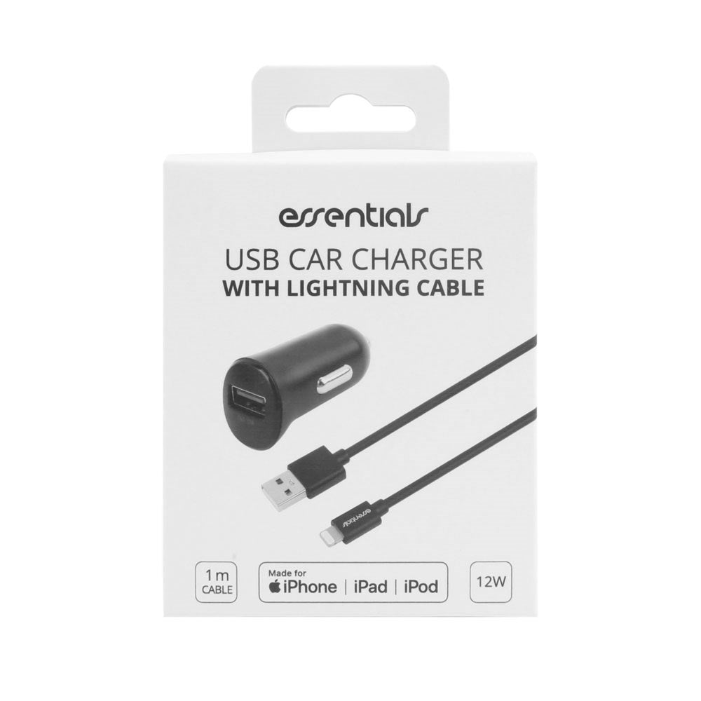 Essentials 12W Biloplader m. USB-A til Lightning Kabel - 1m - Sort