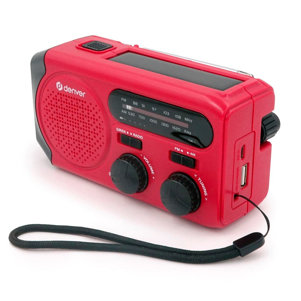 Denver Nødradio m. Solcelleopladning - AM / FM Radio - Lommelygte - Rød