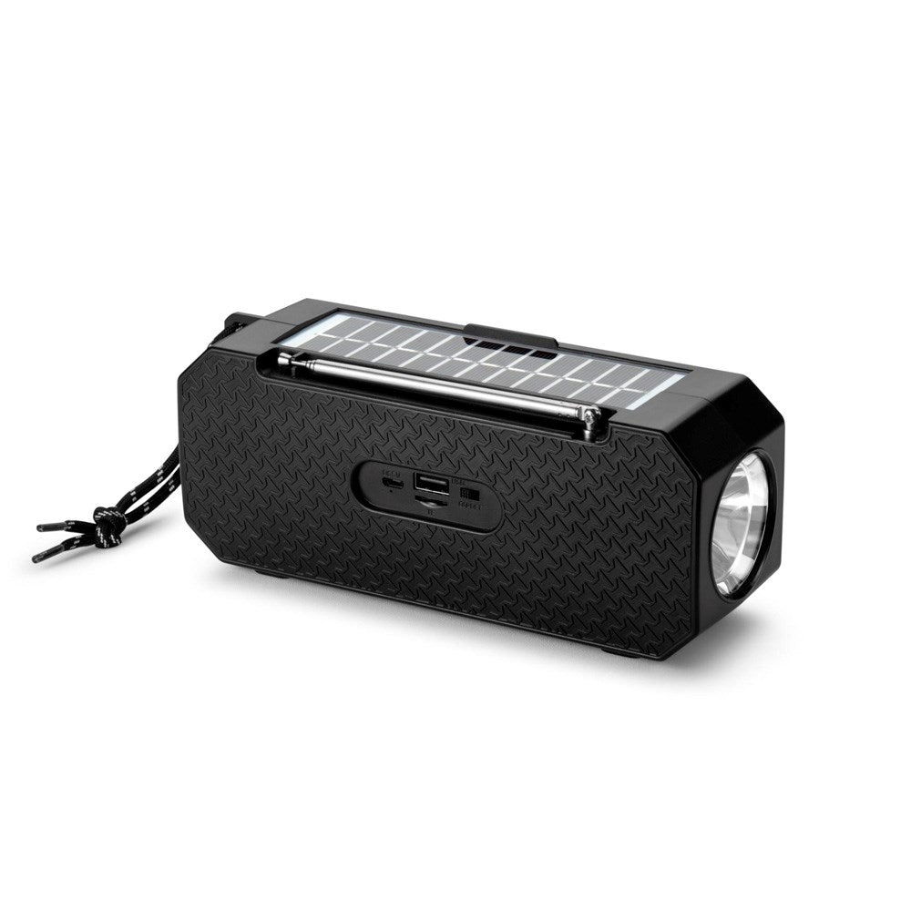 Denver Trådløs Bluetooth Højtaler m. FM Radio & Lommelygte - Solcelledrevet - Sort