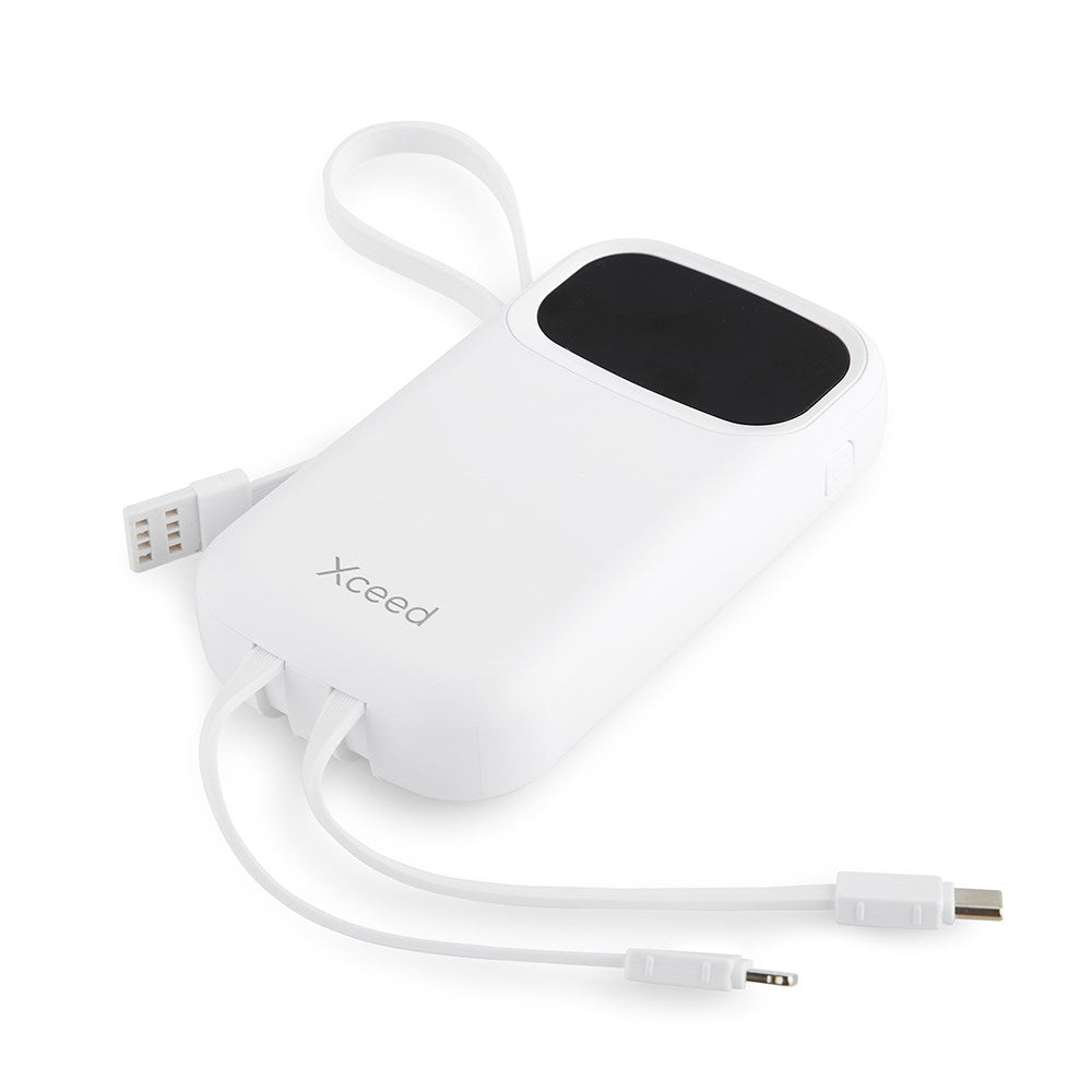 Xceed Powerbank - 10.000 mAh - Indbyggede Kabler - Hurtig Opladning - Hvid