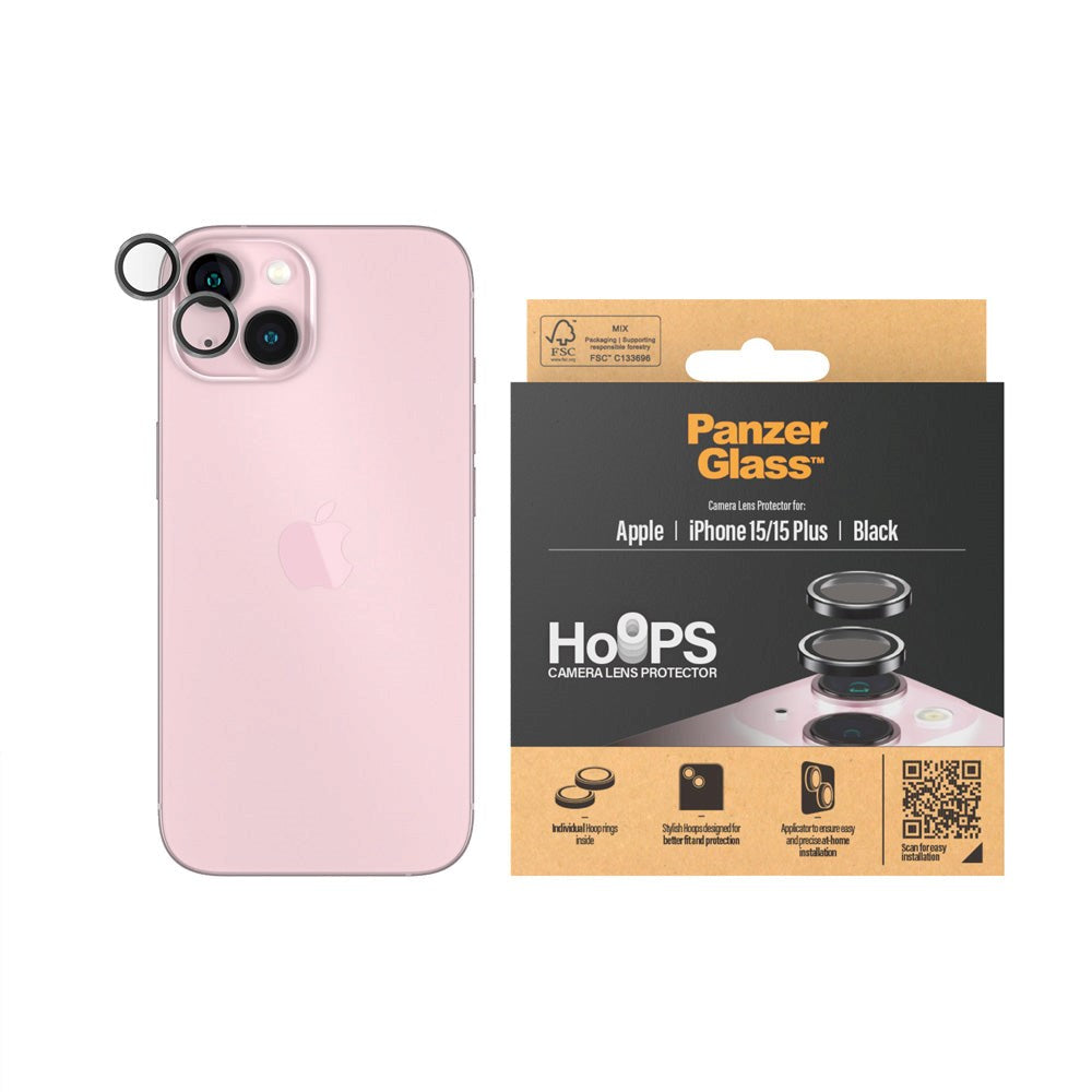 iPhone 15 / 15 Plus PanzerGlass Hoops - Kamerabeskyttelse - Gennemsigtig / Sort