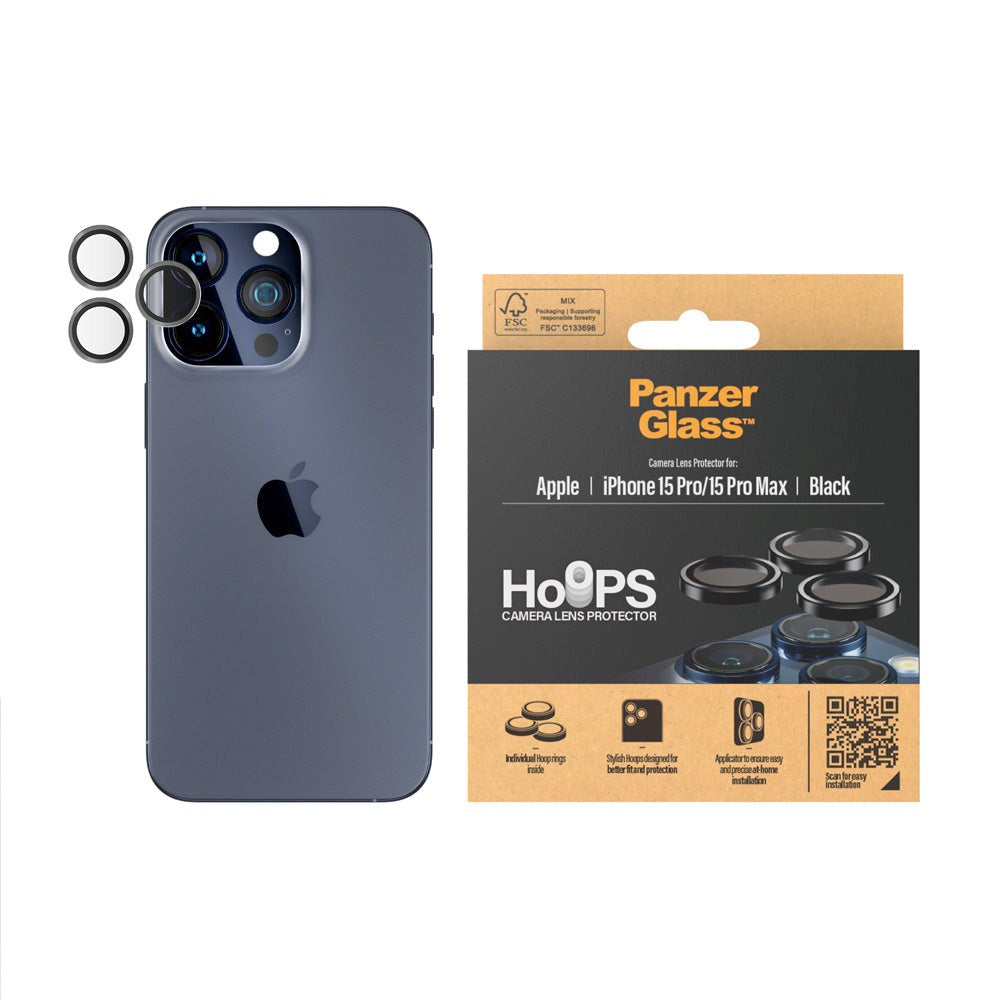 iPhone 15 Pro / 15 Pro Max PanzerGlass Hoops - Kamerabeskyttelse - Gennemsigtig / Sort