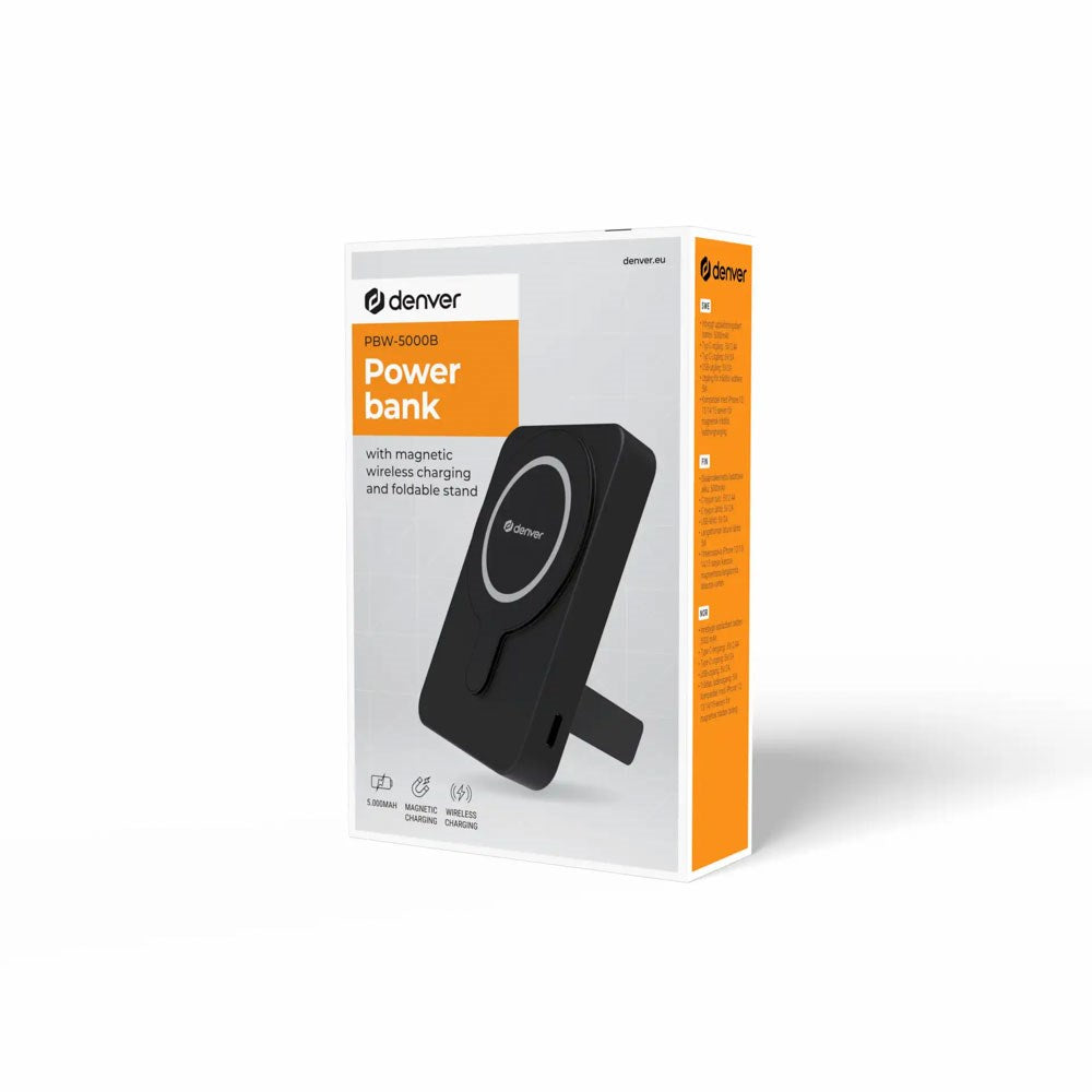 Denver PBW-5000B Magnetisk 5000 mAh PowerBank m. Kickstand - MagSafe Kompatibel - Sort