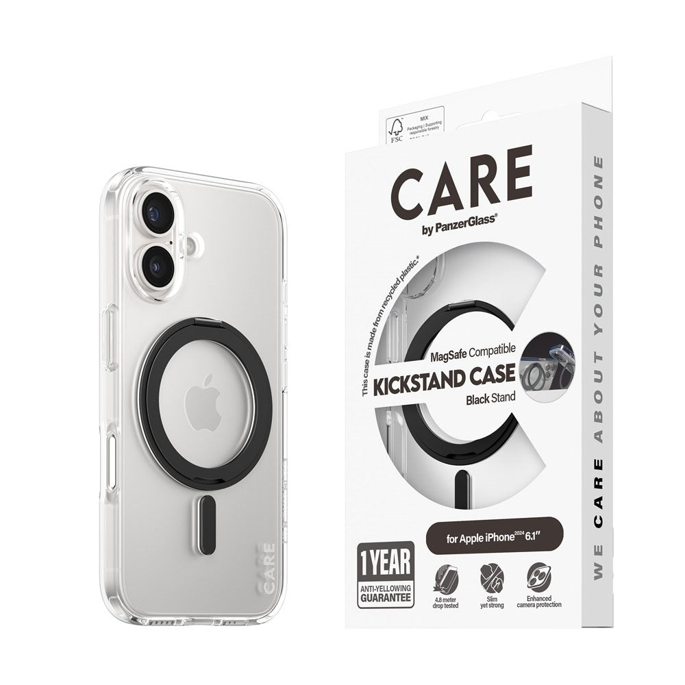 CARE by PanzerGlass iPhone 16 Feature Kickstand Case - MagSafe Kompatibel - Transparent / Black