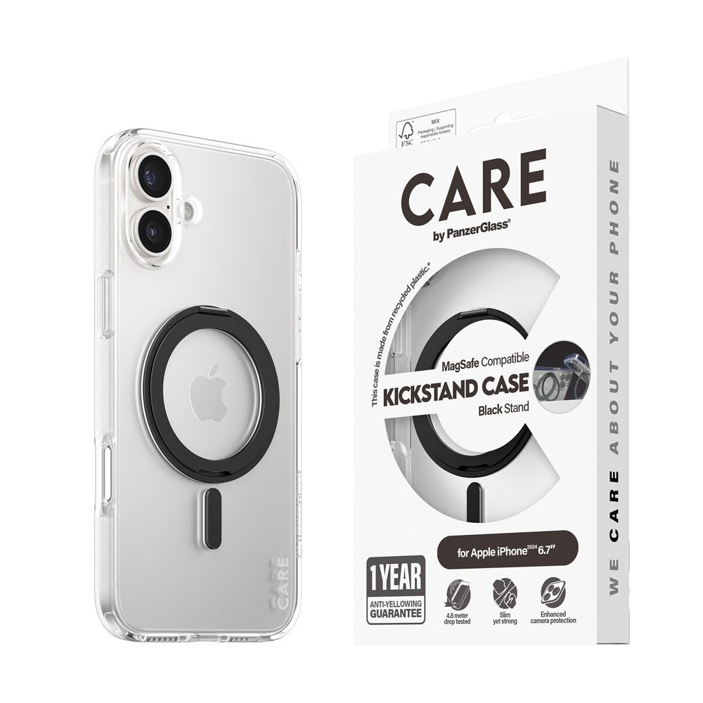 CARE by PanzerGlass iPhone 16 Plus Feature Kickstand Case - MagSafe Kompatibel - Transparent / Black